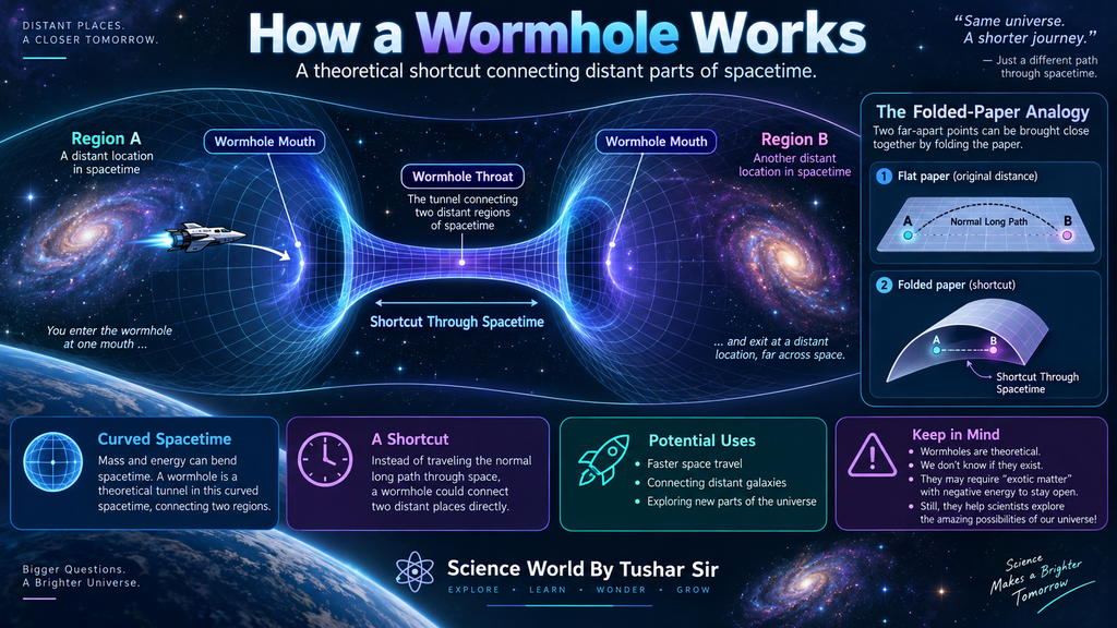 How a wormhole works as a theoretical shortcut connecting distant regions of spacetime