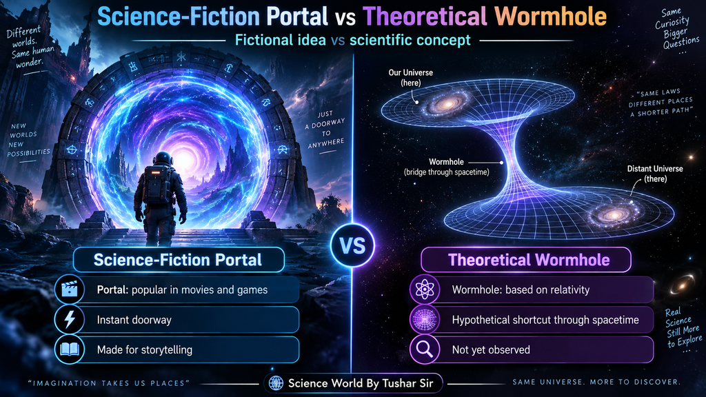Science fiction portal compared with a theoretical wormhole in spacetime