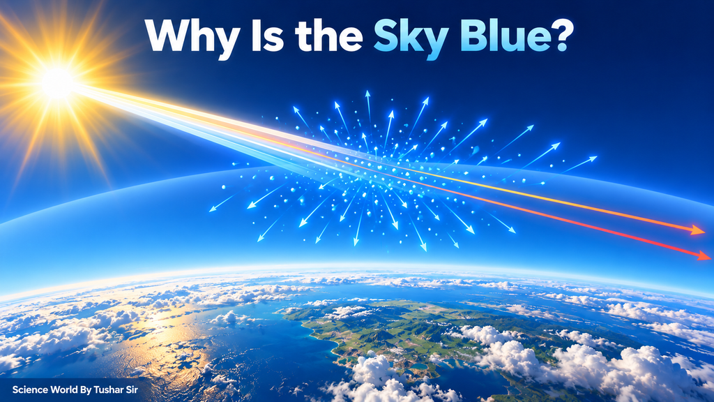 Alt text: Diagram showing blue light scattering in Earth’s atmosphere while red light travels forward