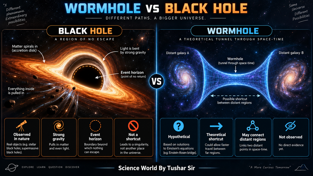 Wormhole vs black hole comparison showing their key scientific differences